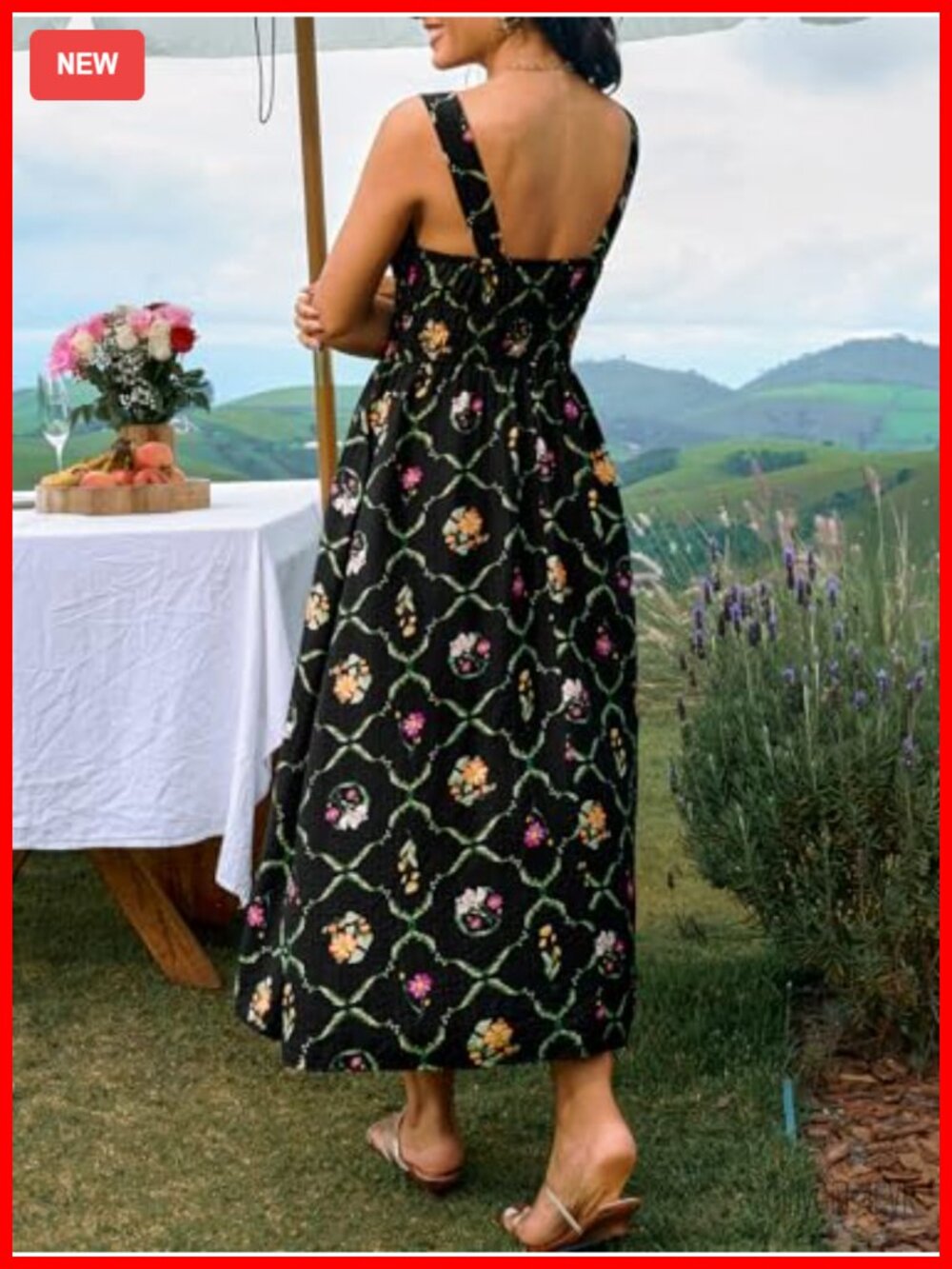 Backless Square Neck Smocked Waist Midi Dress with Pockets - Picture 2 of 7